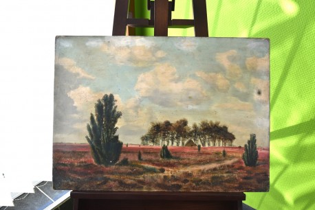 Heidlandschaft mit Bauhütte im Kiefernhain, Remer, 1860