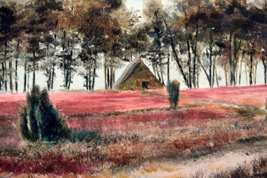 Heidlandschaft mit Bauhütte im Kiefernhain, Remer, 1860