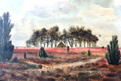 Heidlandschaft mit Bauhütte im Kiefernhain, Remer, 1860