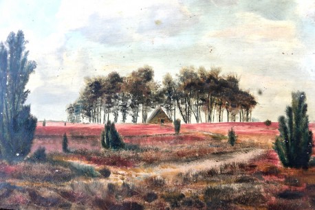 Heidlandschaft mit Bauhütte im Kiefernhain, Remer, 1860