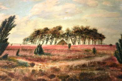 Heidlandschaft mit Bauhütte im Kiefernhain, Remer, 1860