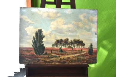 Heidlandschaft mit Bauhütte im Kiefernhain, Remer, 1860