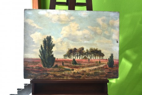 Heidlandschaft mit Bauhütte im Kiefernhain, Remer, 1860