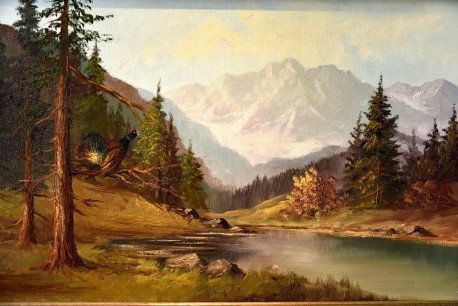 Balzender Auerhahn im Wald am Bergsee, Kumaos, 1939