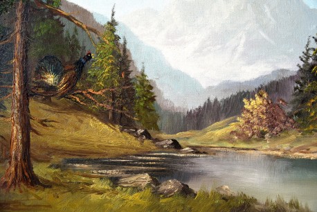 Balzender Auerhahn im Wald am Bergsee, Kumaos, 1939