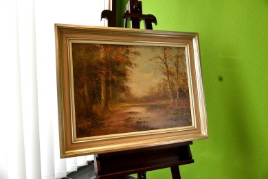 Märkischer Herbstwald mit Birken am See, H. Stino, 1948