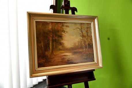 Märkischer Herbstwald mit Birken am See, H. Stino, 1948