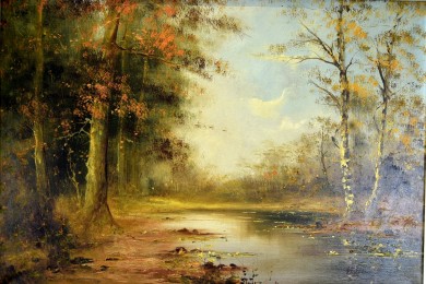 Märkischer Herbstwald mit Birken am See, H. Stino, 1948