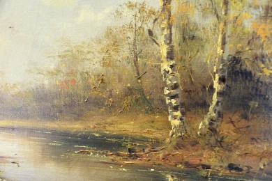 Märkischer Herbstwald mit Birken am See, H. Stino, 1948