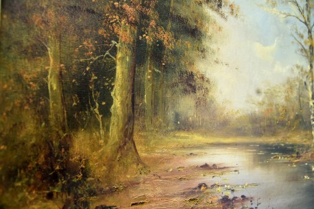Märkischer Herbstwald mit Birken am See, H. Stino, 1948