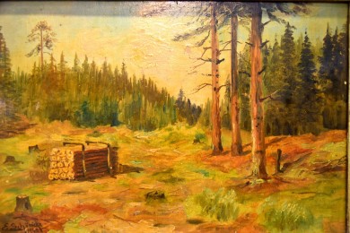 Lichtung im Wald mit Holzstapel, E. Schönicke, 1945