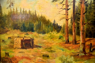 Lichtung im Wald mit Holzstapel, E. Schönicke, 1945