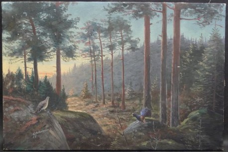 Waldlandschaft mit Auerhahn und Henne, G. Johansson, 1902