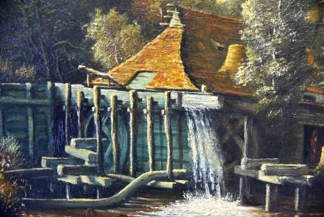 Stilles Treiben an der Mühle am Fluss, F. Fechner, 1860