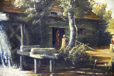 Stilles Treiben an der Mühle am Fluss, F. Fechner, 1860