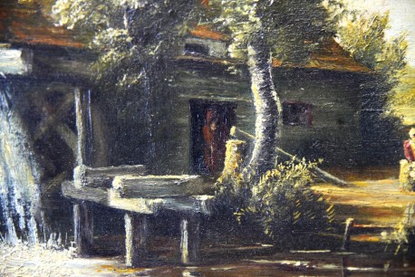 Stilles Treiben an der Mühle am Fluss, F. Fechner, 1860