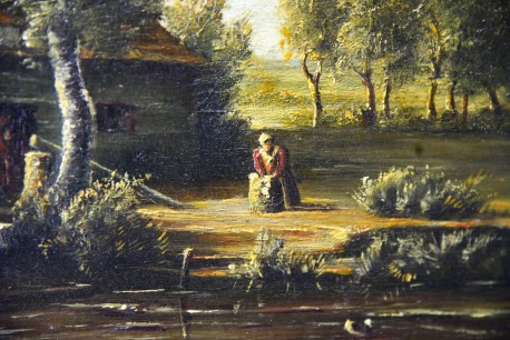 Stilles Treiben an der Mühle am Fluss, F. Fechner, 1860