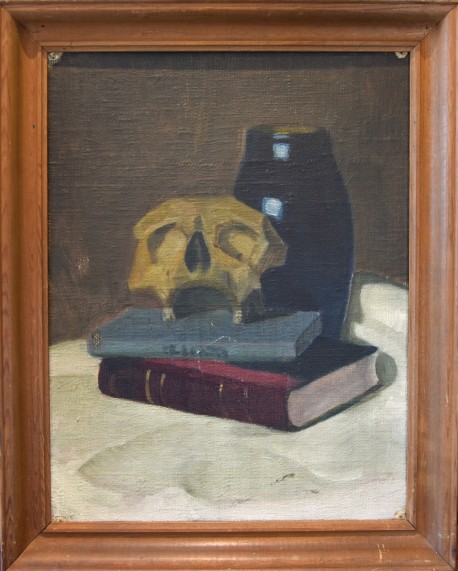 Schädel auf Buch neben Vase auf Tisch, unsigniert, 1905