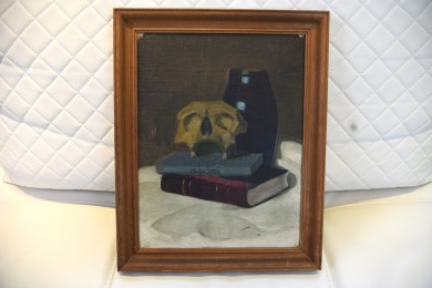 Schädel auf Buch neben Vase auf Tisch, unsigniert, 1905 Schädel auf Buch neben Vase auf Tisch, unsigniert, 1905