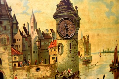 Bilderuhr mit Spielwerk, Mittelalterliche Stadt am Fluss, Monogram SAF, um 1900