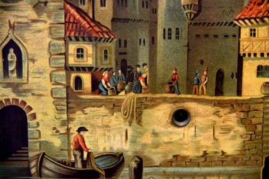 Bilderuhr mit Spielwerk, Mittelalterliche Stadt am Fluss, Monogram SAF, um 1900