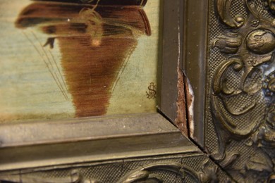 Bilderuhr mit Spielwerk, Mittelalterliche Stadt am Fluss, Monogram SAF, um 1900