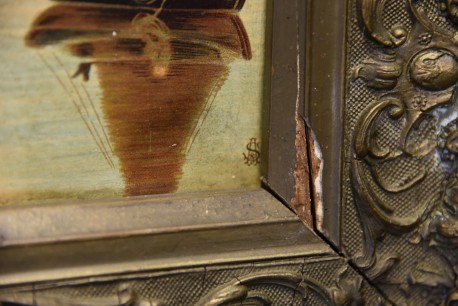 Bilderuhr mit Spielwerk, Mittelalterliche Stadt am Fluss, Monogram SAF, um 1900