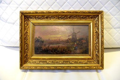 Bäuerin am Teich mit Windmühle, unsigniert, 1850