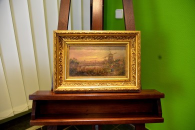 Bäuerin am Teich mit Windmühle, unsigniert, 1850