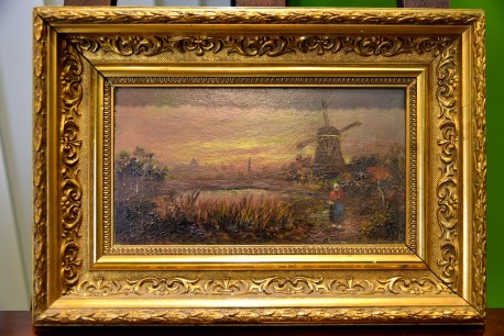 Bäuerin am Teich mit Windmühle, unsigniert, 1850