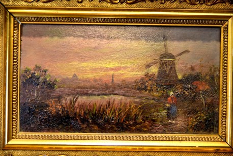 Bäuerin am Teich mit Windmühle, unsigniert, 1850