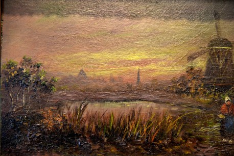 Bäuerin am Teich mit Windmühle, unsigniert, 1850