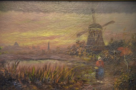 Bäuerin am Teich mit Windmühle, unsigniert, 1850