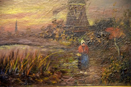 Bäuerin am Teich mit Windmühle, unsigniert, 1850