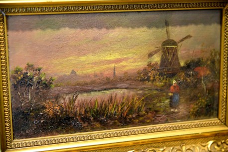 Bäuerin am Teich mit Windmühle, unsigniert, 1850