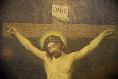 Jesus Christus am Kreuz über Totenkopf, Fleischmann, 1913