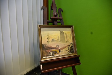 Pilger zum Tempel im Sandsturm in Luxor Ägypten, handsigniert, um 1800