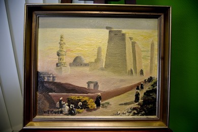 Pilger zum Tempel im Sandsturm in Luxor Ägypten, handsigniert, um 1800