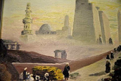 Pilger zum Tempel im Sandsturm in Luxor Ägypten, handsigniert, um 1800