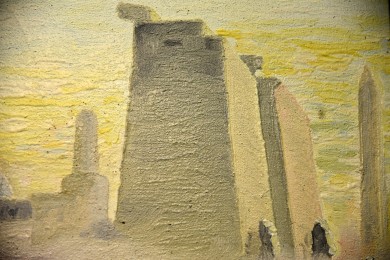 Pilger zum Tempel im Sandsturm in Luxor Ägypten, handsigniert, um 1800