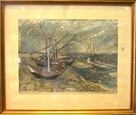 Boote am Strand bei Regenwetter, Seidenmalerei, Romi Graph, 1921