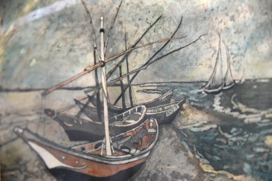 Boote am Strand bei Regenwetter, Seidenmalerei, Romi Graph, 1921