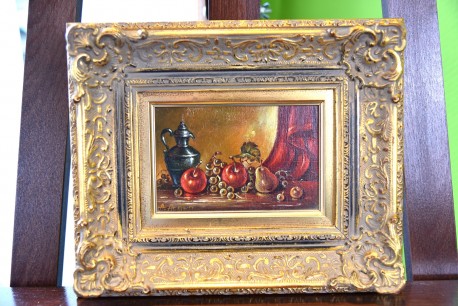 Rote Früchte vor rotem Vorhang, Stillleben, Atilla Argun, 1988