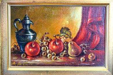 Rote Früchte vor rotem Vorhang, Stillleben, Atilla Argun, 1988