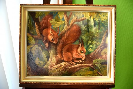 Zwei Eichhörnchen im Baum, F. Freund, 1948