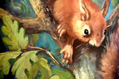 Zwei Eichhörnchen im Baum, F. Freund, 1948