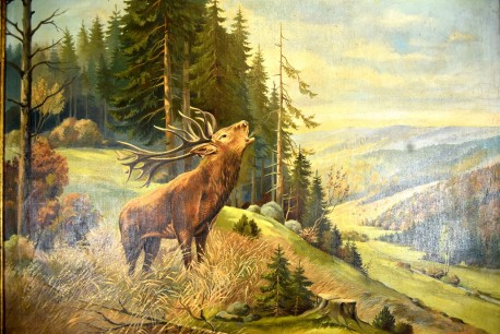Röhrender Hirsch auf Lichtung ins Tal, Pietschmann, 1921