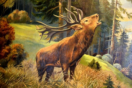 Röhrender Hirsch auf Lichtung ins Tal, Pietschmann, 1921