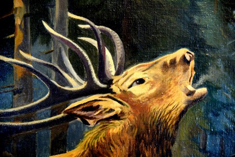 Röhrender Hirsch auf Lichtung ins Tal, Pietschmann, 1921