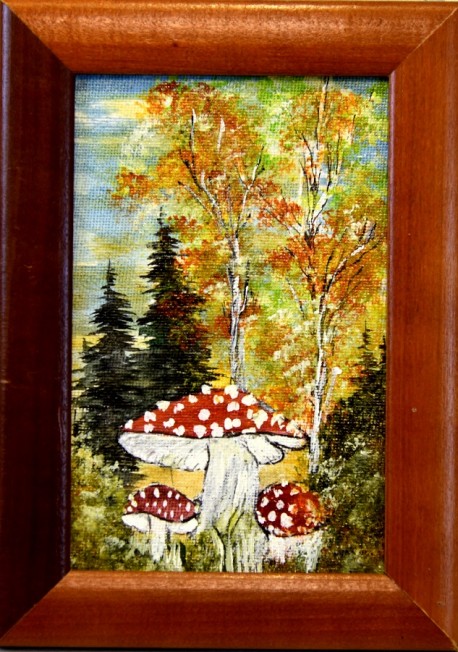 Amanita muscaria, Fliegenpilze im Wald, Miniatur, unsigniert, 1954